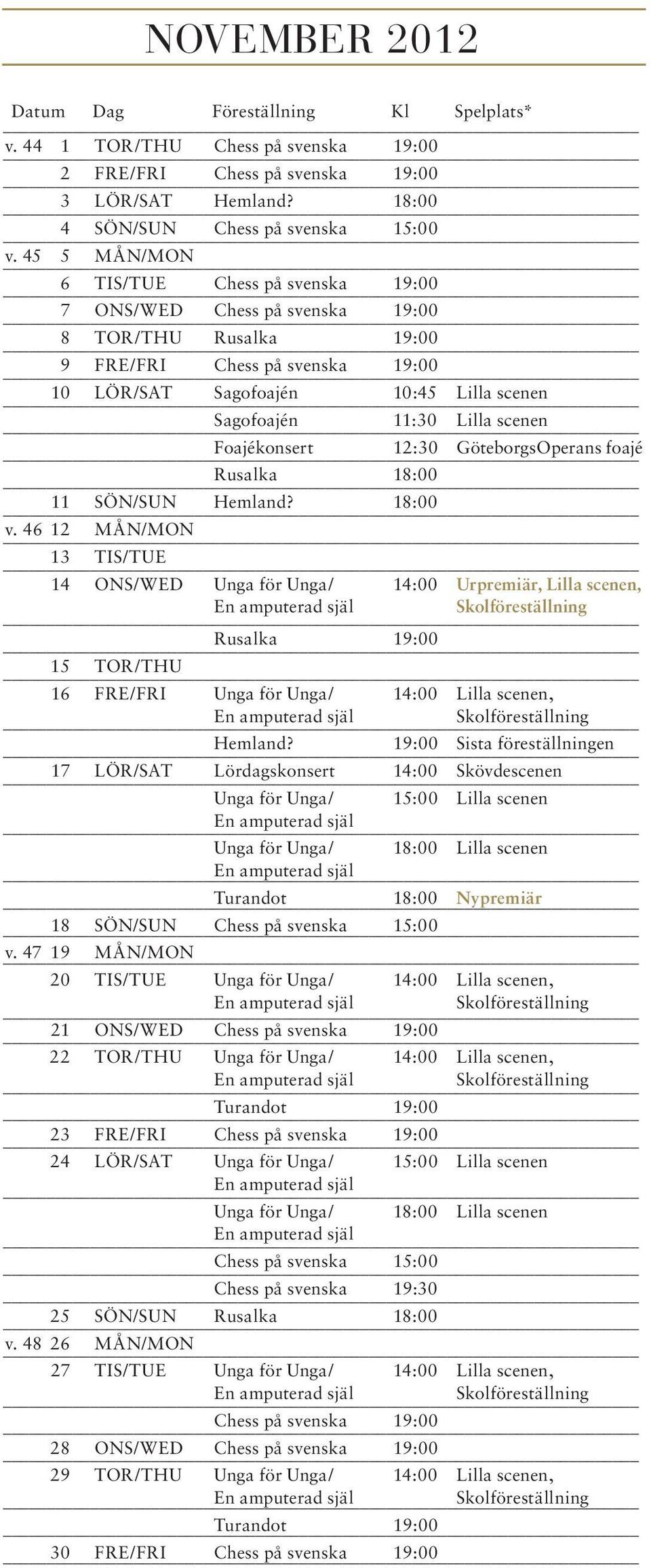 scenen Foajékonsert 12:30 GöteborgsOperans foajé Rusalka 18:00 11 SÖN/SUN Hemland? 18:00 v.