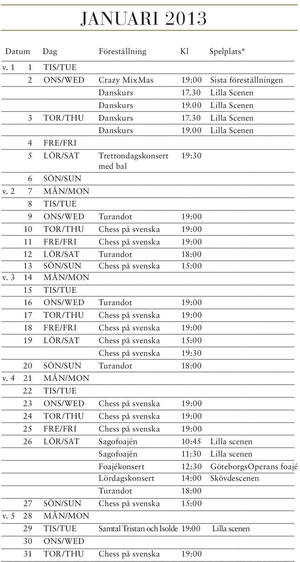 2 7 MÅN/MON 8 TIS/TUE 9 ONS/WED Turandot 19:00 10 TOR/THU Chess på svenska 19:00 11 FRE/FRI Chess på svenska 19:00 12 LÖR/SAT Turandot 18:00 13 SÖN/SUN Chess på svenska 15:00 v.