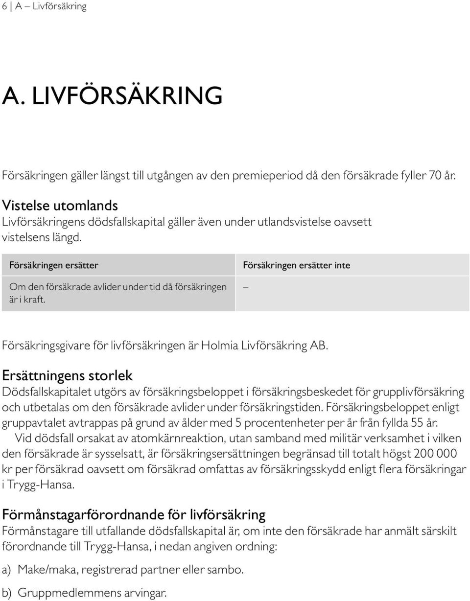 Försäkringen ersätter inte Försäkringsgivare för livförsäkringen är Holmia Livförsäkring AB.