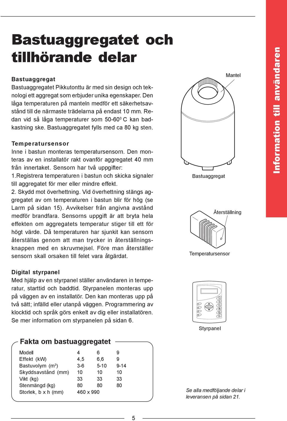 Bastuaggregatet fylls med ca 80 kg sten. Temperatursensor Inne i bastun monteras temperatursensorn. Den monteras av en installatör rakt ovanför aggregatet 40 mm från innertaket.