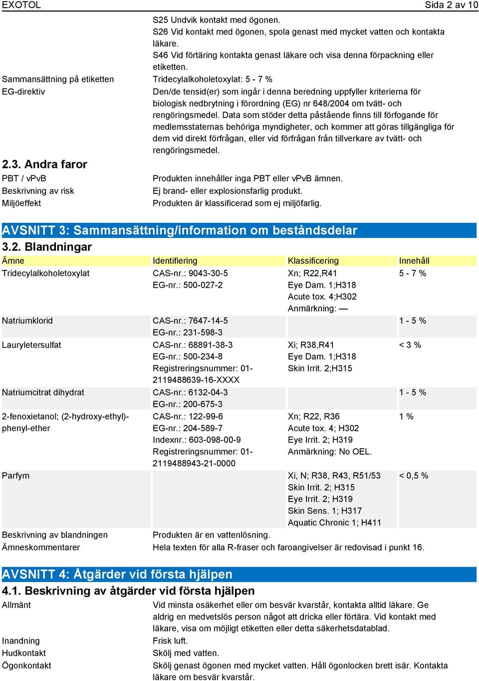 Sammansättning på etiketten Tridecylalkoholetoxylat: 5-7 % EG-direktiv Den/de tensid(er) som ingår i denna beredning uppfyller kriterierna för biologisk nedbrytning i förordning (EG) nr 648/2004 om