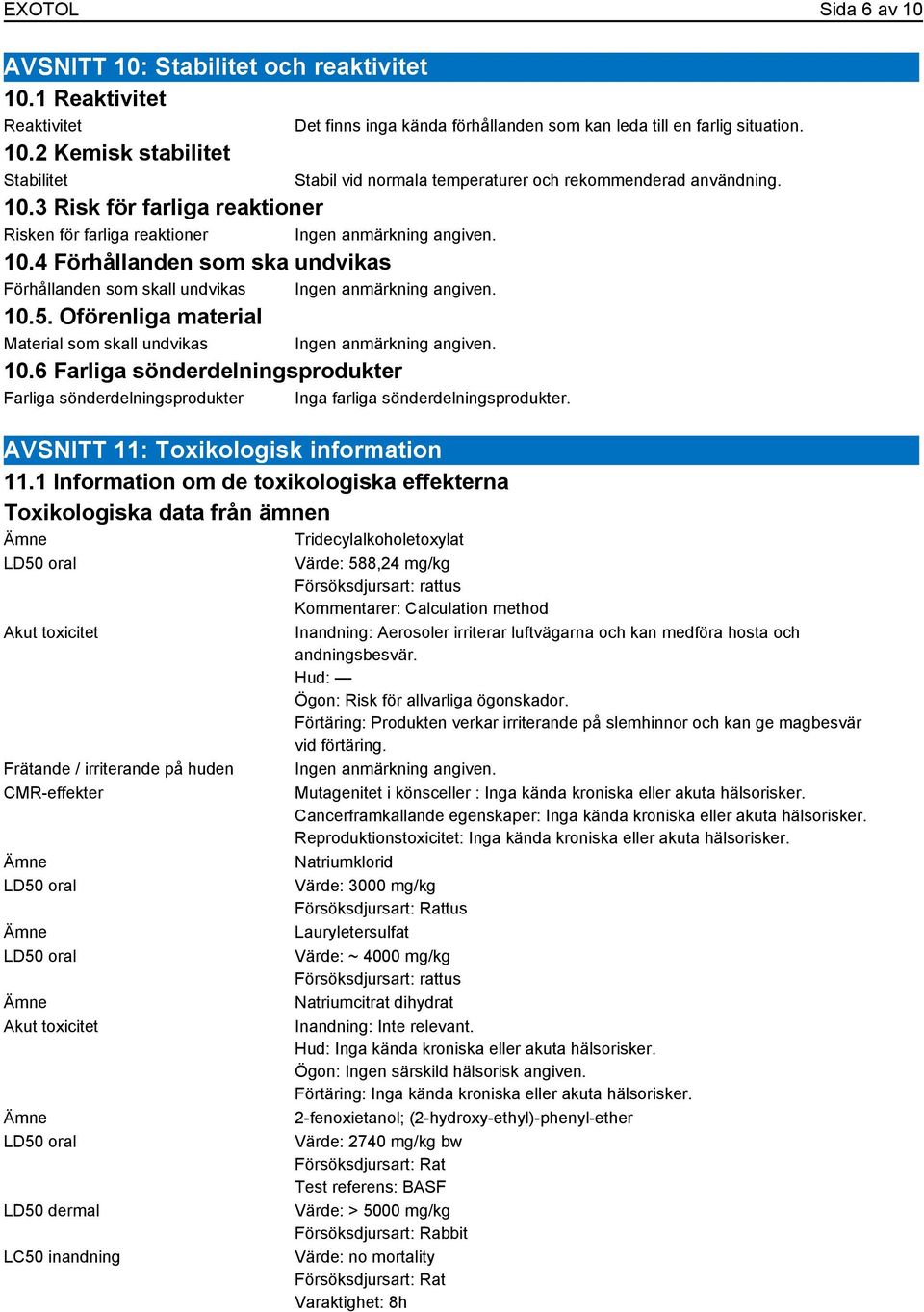 6 Farliga sönderdelningsprodukter Farliga sönderdelningsprodukter Inga farliga sönderdelningsprodukter. AVSNITT 11: Toxikologisk information 11.