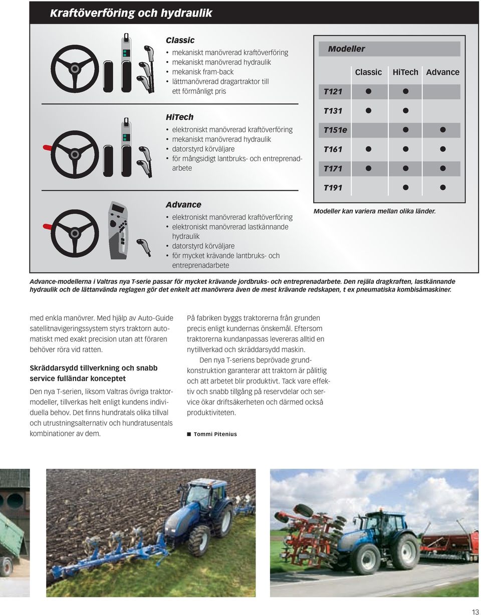 lastkännande hydraulik datorstyrd körväljare för mycket krävande lantbruks- och entreprenadarbete Modeller Classic HiTech Advance T121 T131 T151e T161 T171 T191 Modeller kan variera mellan olika