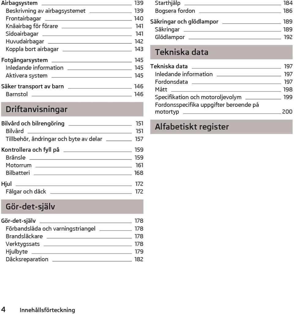 Säkringar och glödlampor 189 Säkringar 189 Glödlampor 192 Tekniska data Tekniska data 197 Inledande information 197 Fordonsdata 197 Mått 198 Specifikation och motoroljevolym 199 Fordonsspecifika