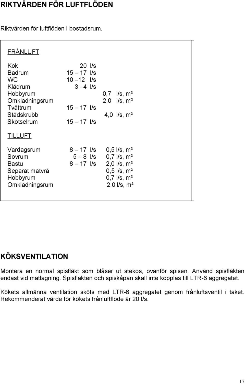 Vardagsrum 8 17 l/s 0,5 l/s, m² Sovrum 5 8 l/s 0,7 l/s, m² Bastu 8 17 l/s 2,0 l/s, m² Separat matvrå 0,5 l/s, m² Hobbyrum 0,7 l/s, m² Omklädningsrum 2,0 l/s, m² KÖKSVENTILATION Montera