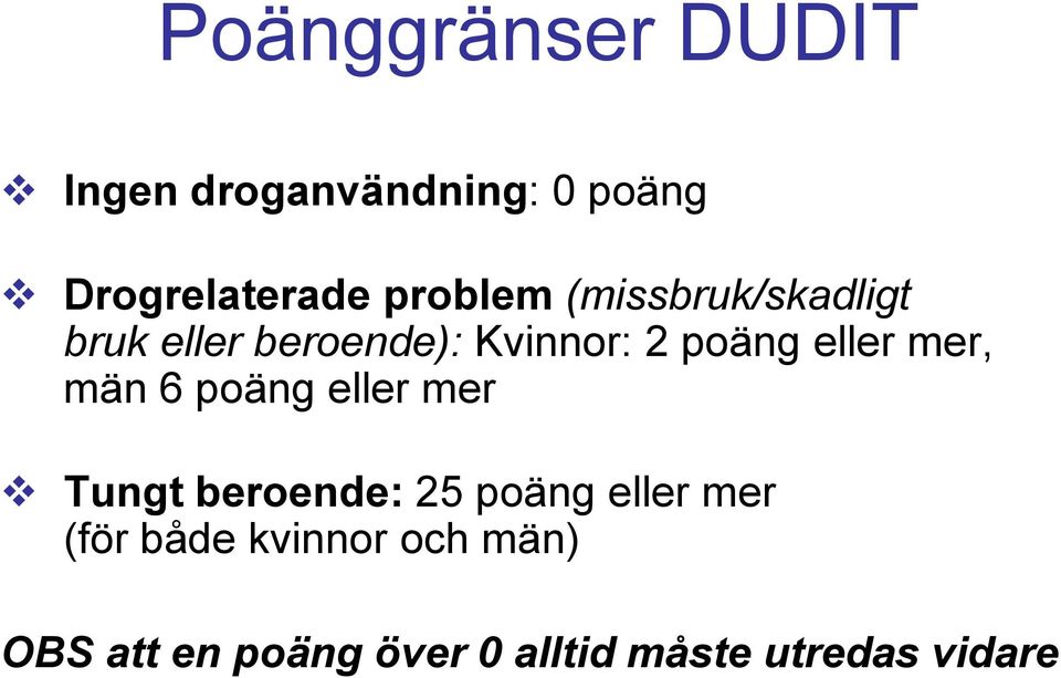 eller mer, män 6 poäng eller mer Tungt beroende: 25 poäng eller mer