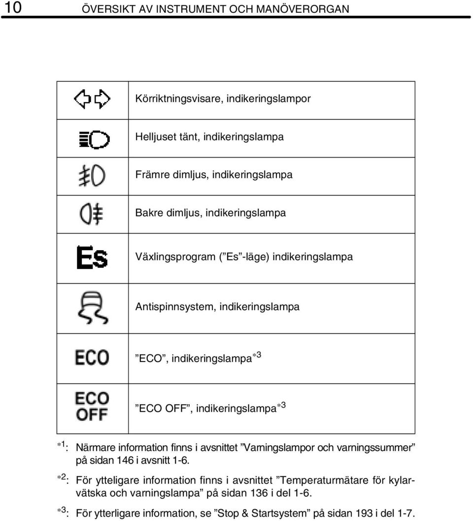 indikeringslampa 3 1 : Närmare information finns i avsnittet Varningslampor och varningssummer på sidan 146 i avsnitt 1-6.