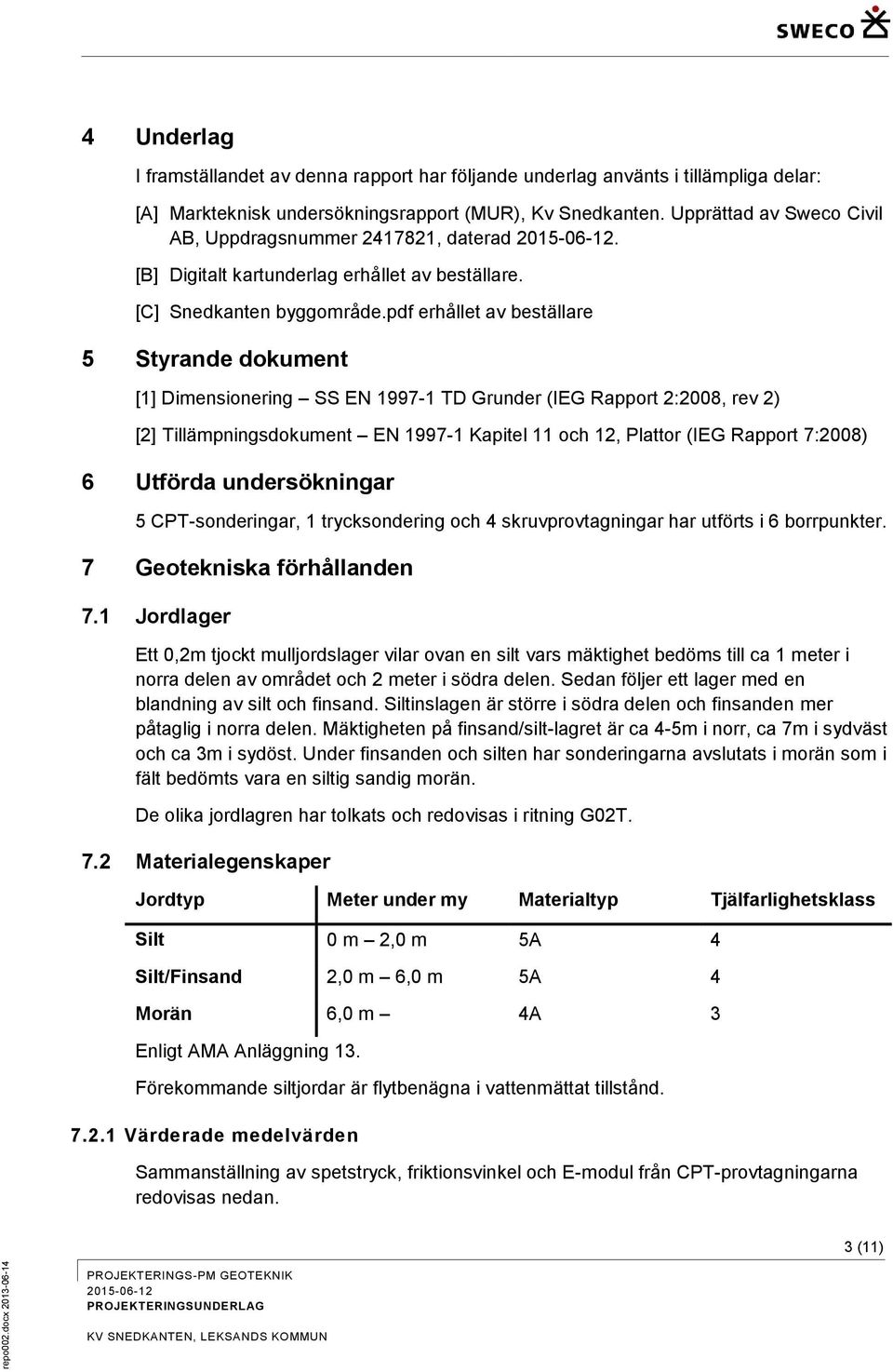 pdf erhållet av beställare 5 Styrande dokument [1] Dimensionering SS EN 1997-1 TD Grunder (IEG Rapport 2:2008, rev 2) [2] Tillämpningsdokument EN 1997-1 Kapitel 11 och 12, Plattor (IEG Rapport