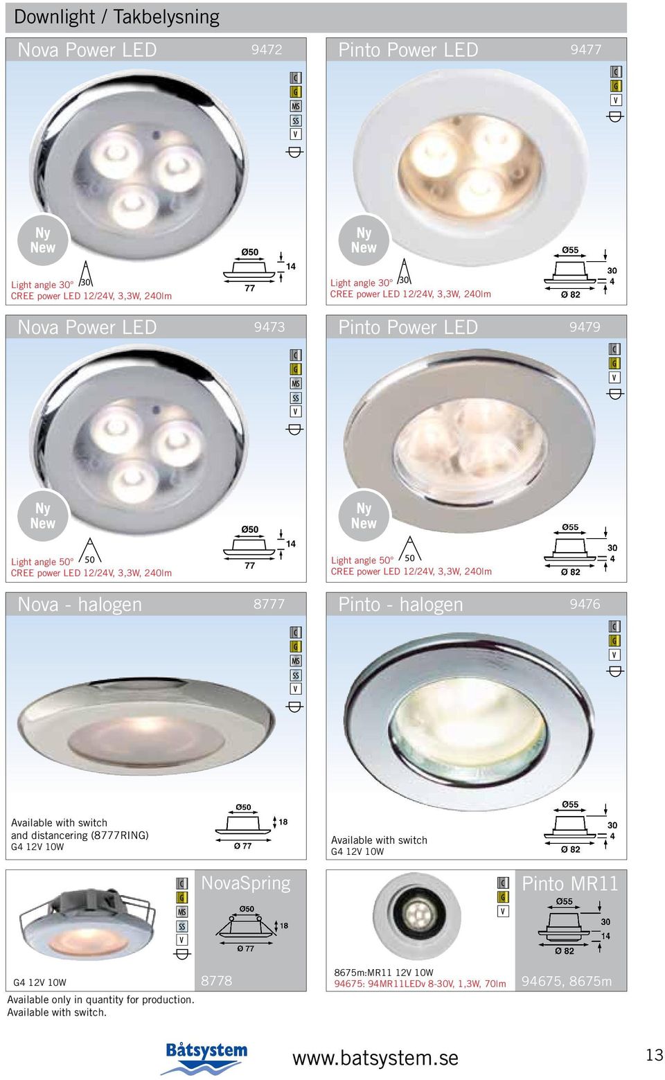 power LED 12/24V, 3,3W, 240lm Nova - halogen 8777 Pinto - halogen 9476 Available with switch and distancering (8777RING) G4 12V 10W Available with switch G4 12V 10W