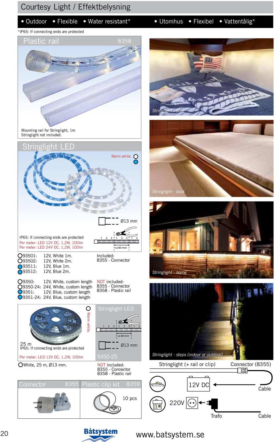 Stringlight - boat Ø13 mm IP65: If connecting ends are protected Per meter: LED 12V DC, 1,2W, 100lm Per meter: LED 24V DC, 1,2W, 100lm 1 2 3 1 2 3 1 2 3 1 2 3 1 2 3 ca 80 mm 93501: 12V, White 1m.