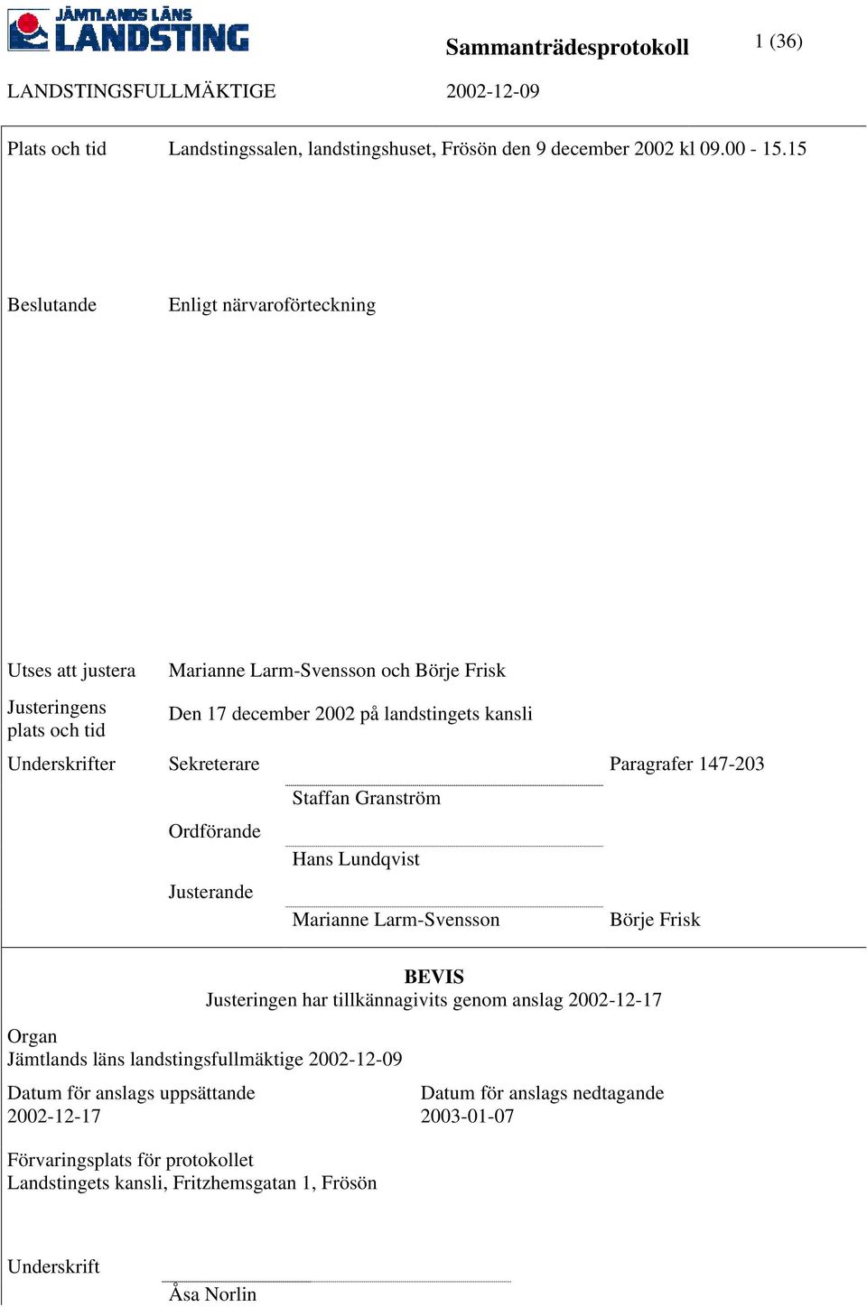 Underskrifter Sekreterare Paragrafer 147-203 Ordförande Justerande Staffan Granström Hans Lundqvist Marianne Larm-Svensson Börje Frisk BEVIS Justeringen har tillkännagivits genom