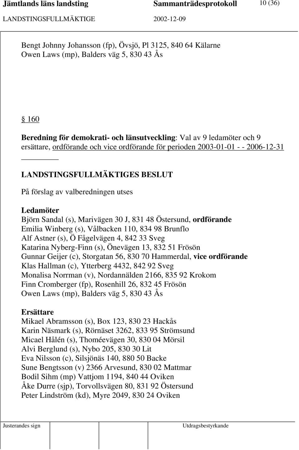 (s), Vålbacken 110, 834 98 Brunflo Alf Astner (s), Ö Fågelvägen 4, 842 33 Sveg Katarina Nyberg-Finn (s), Önevägen 13, 832 51 Frösön Gunnar Geijer (c), Storgatan 56, 830 70 Hammerdal, vice ordförande