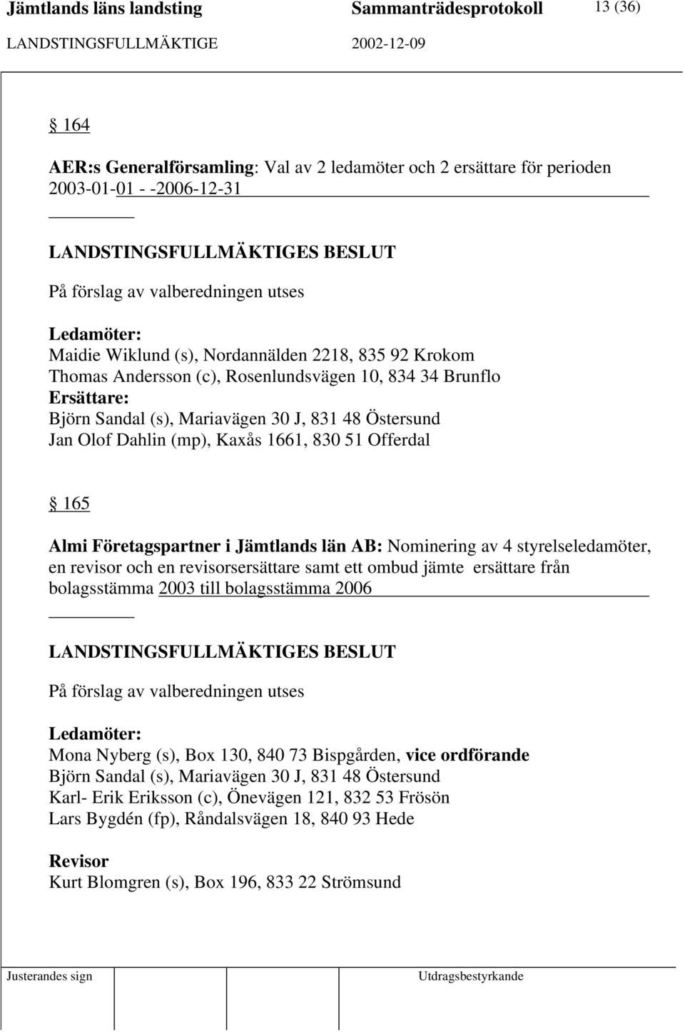 i Jämtlands län AB: Nominering av 4 styrelseledamöter, en revisor och en revisorsersättare samt ett ombud jämte ersättare från bolagsstämma 2003 till bolagsstämma 2006 : Mona Nyberg (s), Box 130, 840