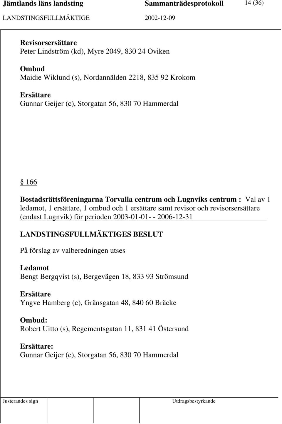 ombud och 1 ersättare samt revisor och revisorsersättare (endast Lugnvik) för perioden 2003-01-01- - 2006-12-31 Ledamot Bengt Bergqvist (s), Bergevägen 18, 833 93