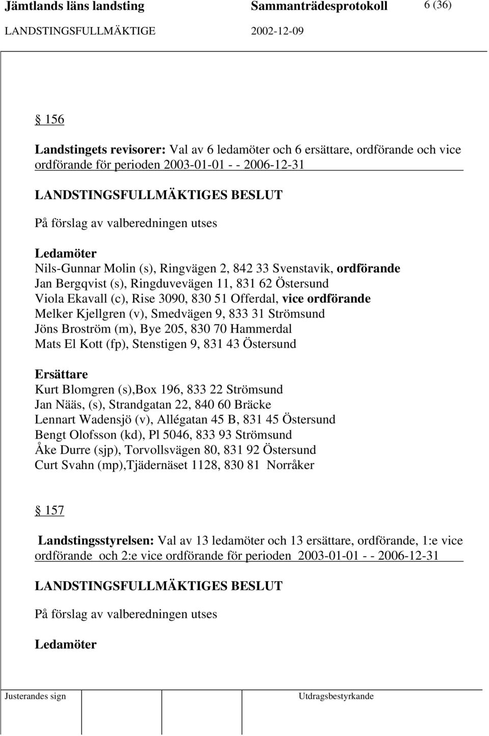 Smedvägen 9, 833 31 Strömsund Jöns Broström (m), Bye 205, 830 70 Hammerdal Mats El Kott (fp), Stenstigen 9, 831 43 Östersund Kurt Blomgren (s),box 196, 833 22 Strömsund Jan Nääs, (s), Strandgatan 22,