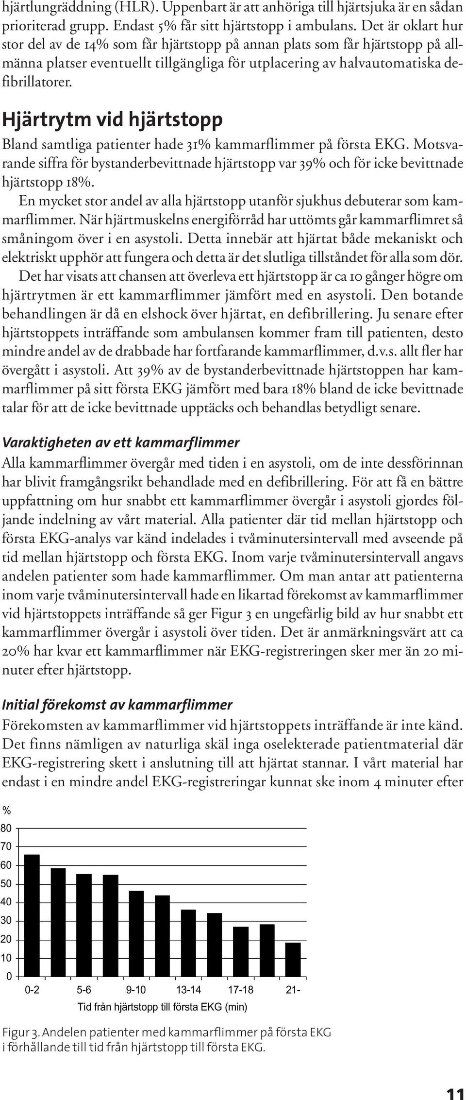 Hjärtrytm vid hjärtstopp Bland samtliga patienter hade 31 kammarflimmer på första EKG. Motsvarande siffra för bystanderbevittnade hjärtstopp var 39 och för icke bevittnade hjärtstopp 18.