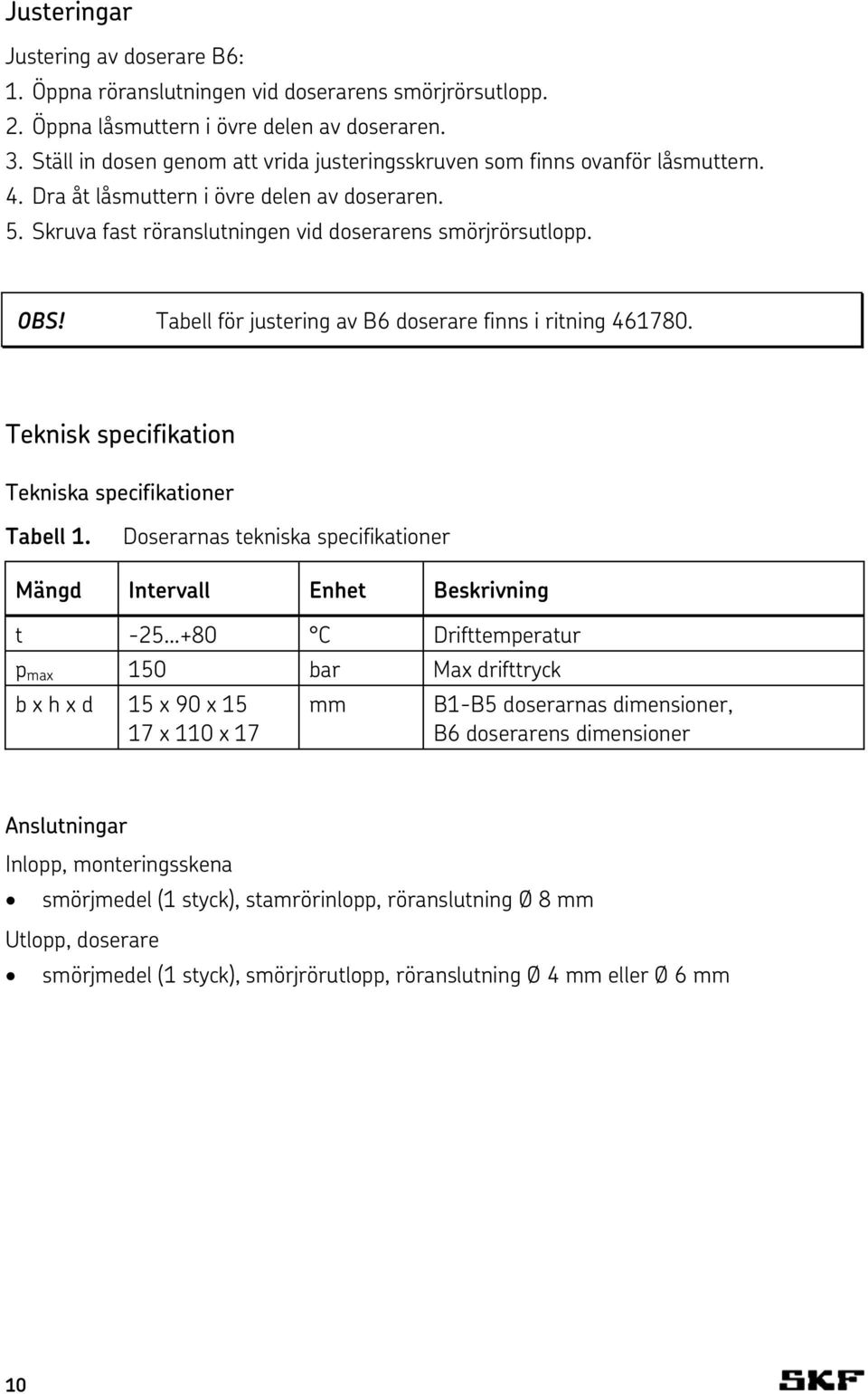 Tabell för justering av B6 doserare finns i ritning 461780. Teknisk specifikation Tekniska specifikationer Tabell 1.