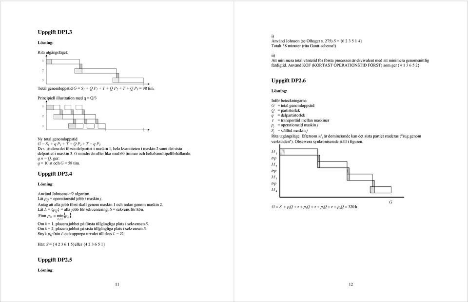 G mindre än eller lika med 60 timmar och heltalsmultipelförhållande, q n = Q, ger: q = 0 st och G = 58 tim. Uppgift DP.4 i) Använd Johnson (se Olhager s.