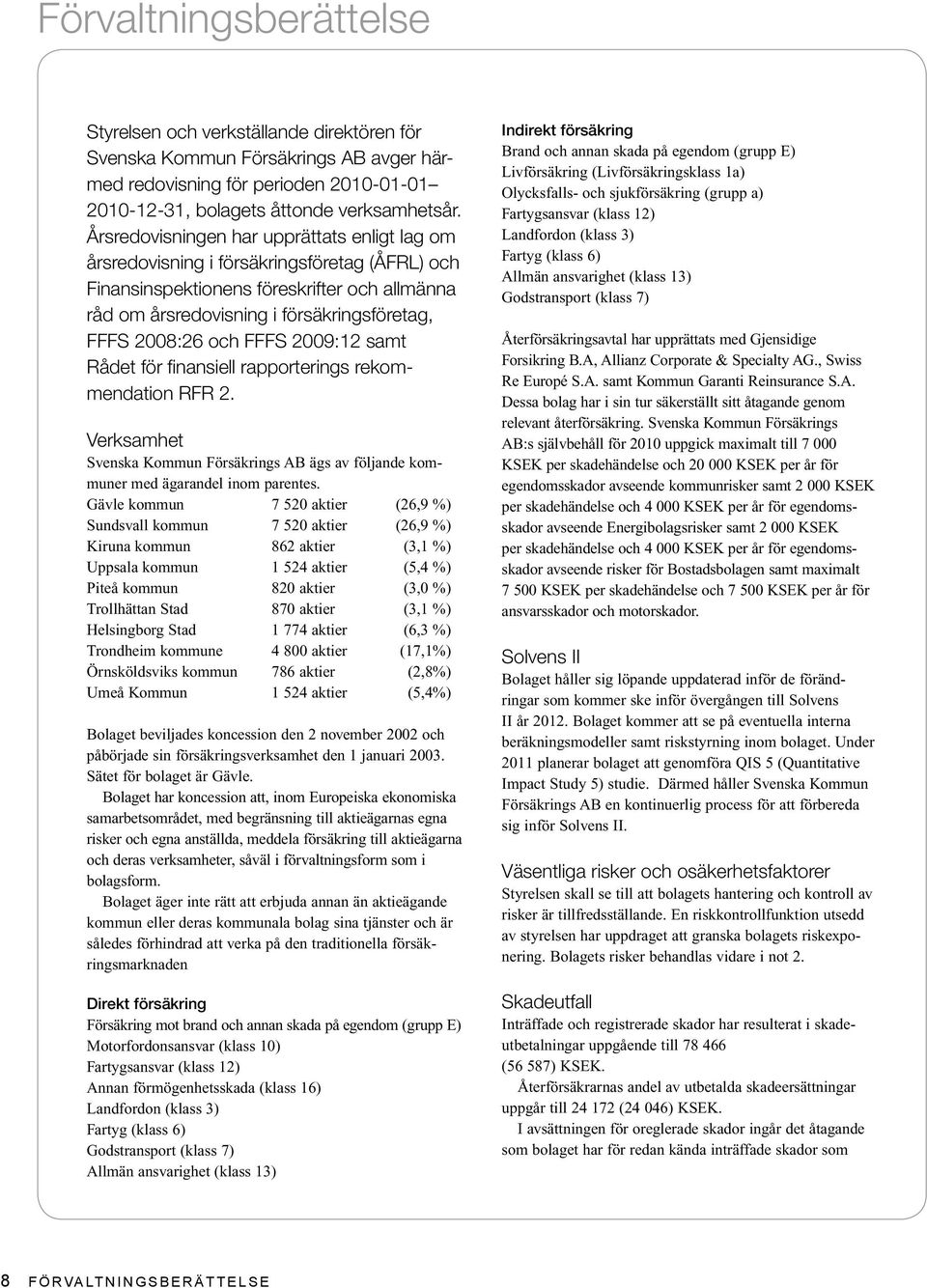 FFFS 2009:12 samt Rådet för finansiell rapporterings rekommendation RFR 2. Verksamhet Svenska Kommun Försäkrings AB ägs av följande kommuner med ägarandel inom parentes.