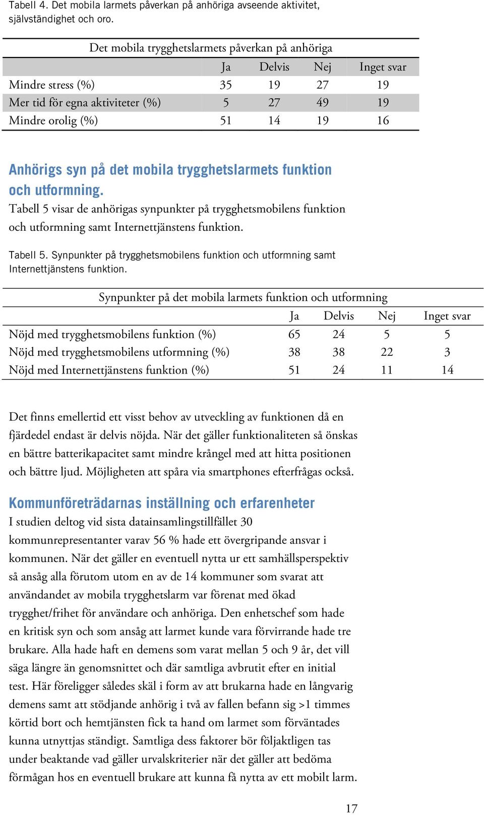 mobila trygghetslarmets funktion och utformning. Tabell 5 visar de anhörigas synpunkter på trygghetsmobilens funktion och utformning samt Internettjänstens funktion. Tabell 5. Synpunkter på trygghetsmobilens funktion och utformning samt Internettjänstens funktion.