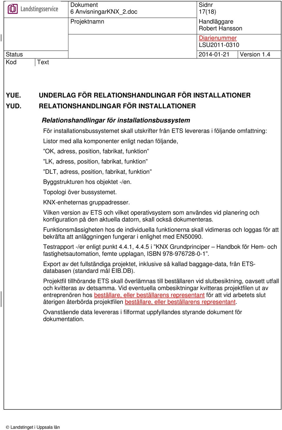 levereras i följande omfattning: Listor med alla komponenter enligt nedan följande, OK, adress, position, fabrikat, funktion LK, adress, position, fabrikat, funktion DLT, adress, position, fabrikat,