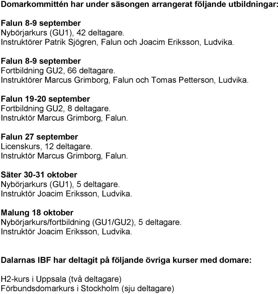 Instruktör Marcus Grimborg, Falun. Falun 27 september Licenskurs, 12 deltagare. Instruktör Marcus Grimborg, Falun. Säter 30-31 oktober Nybörjarkurs (GU1), 5 deltagare.