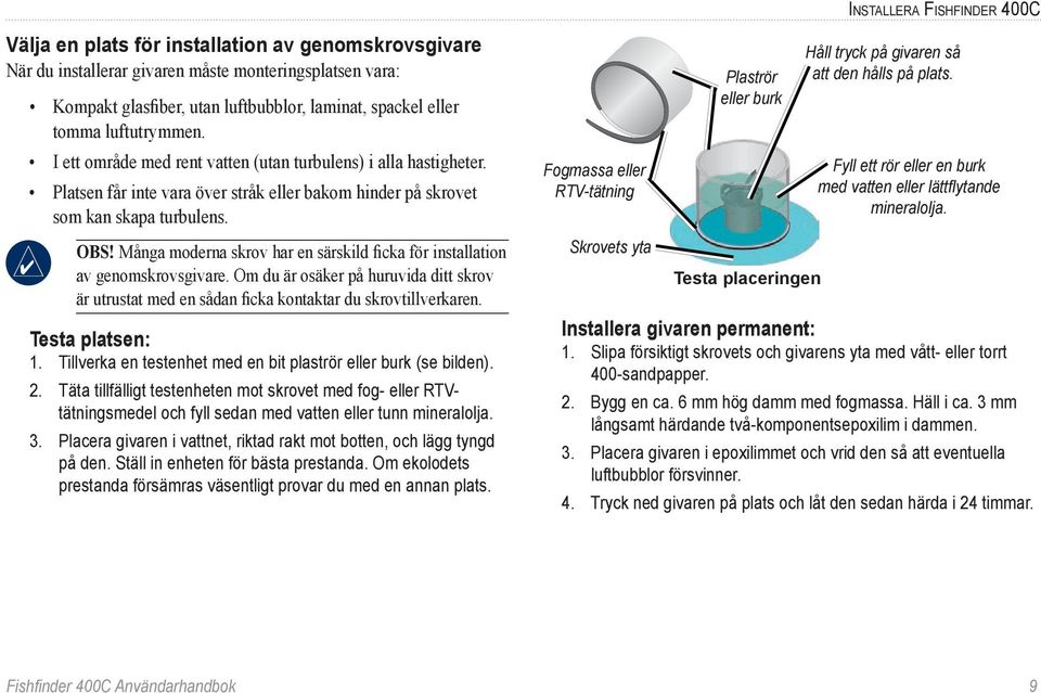 Många moderna skrov har en särskild ficka för installation av genomskrovsgivare. Om du är osäker på huruvida ditt skrov är utrustat med en sådan ficka kontaktar du skrovtillverkaren. Testa platsen: 1.