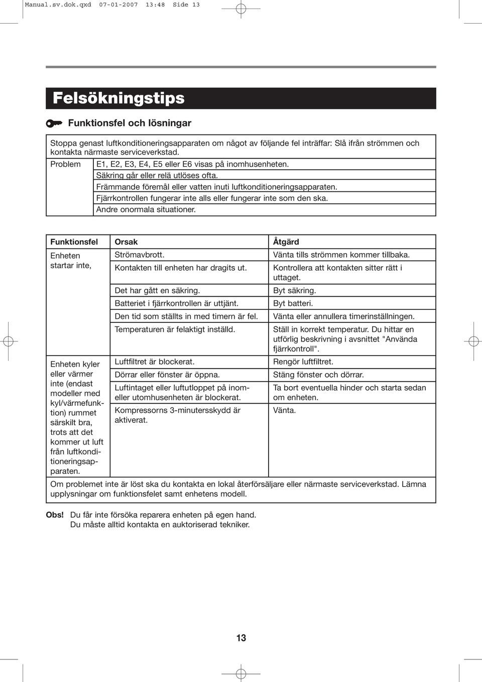 serviceverkstad. Problem E1, E2, E3, E4, E5 eller E6 visas på inomhusenheten. Säkring går eller relä utlöses ofta. Främmande föremål eller vatten inuti luftkonditioneringsapparaten.