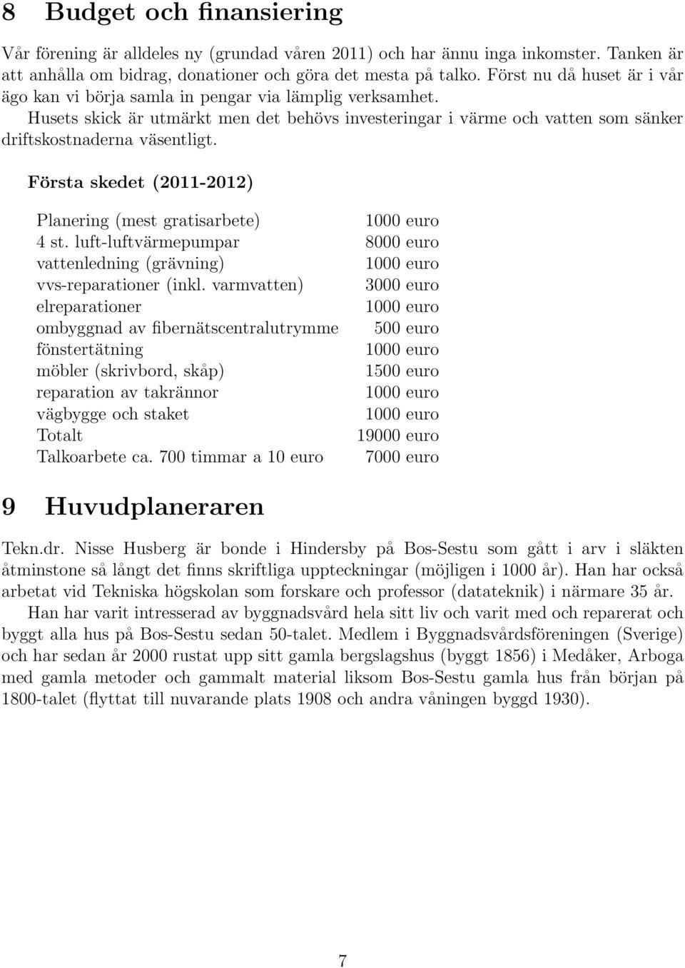 Första skedet (2011-2012) Planering (mest gratisarbete) 4 st. luft-luftvärmepumpar 8000 euro vattenledning (grävning) vvs-reparationer (inkl.