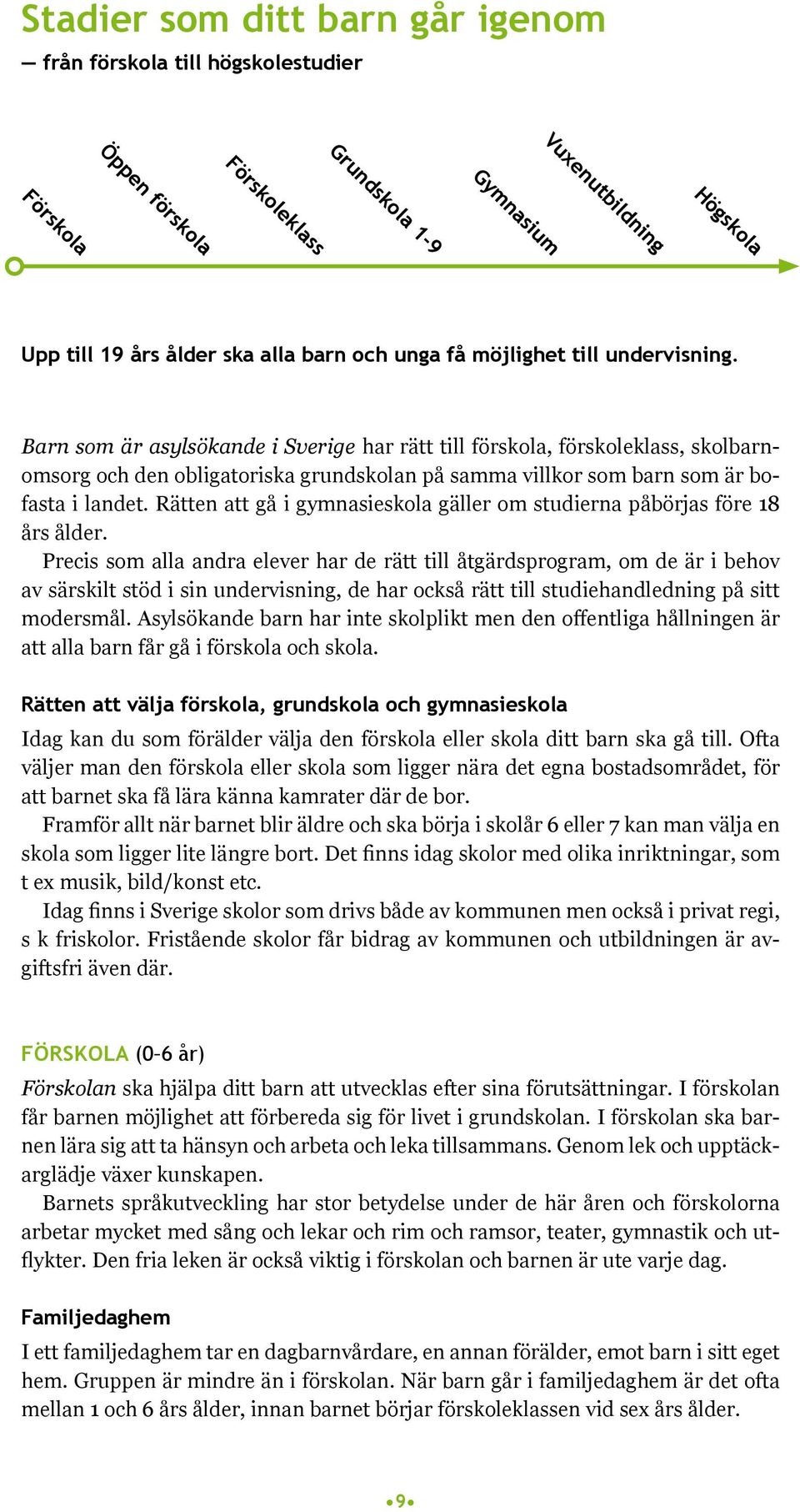 Barn som är asylsökande i Sverige har rätt till förskola, förskoleklass, skolbarnomsorg och den obligatoriska grundskolan på samma villkor som barn som är bofasta i landet.