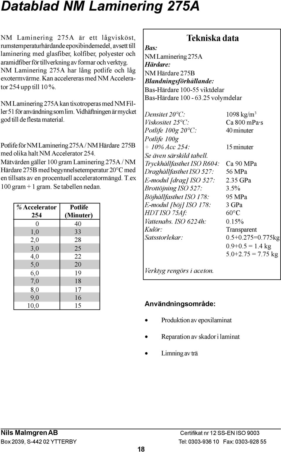 NM Laminering 275A kan tixotroperas med NM Filler 51 för användning som lim. Vidhäftningen är mycket god till de flesta material.