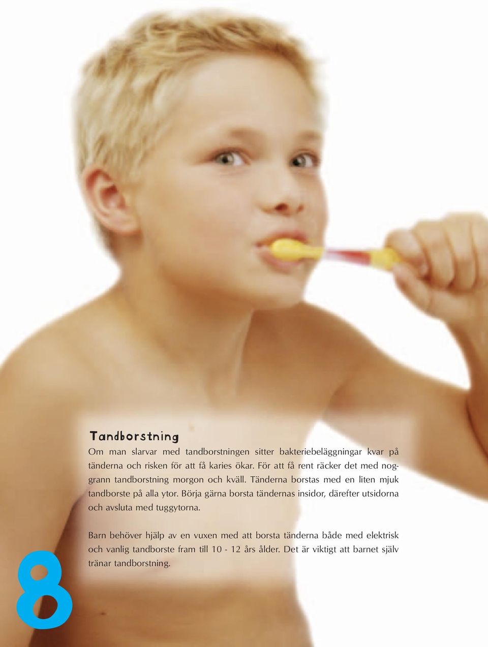 Börja gärna borsta tändernas insidor, därefter utsidorna och avsluta med tuggytorna.