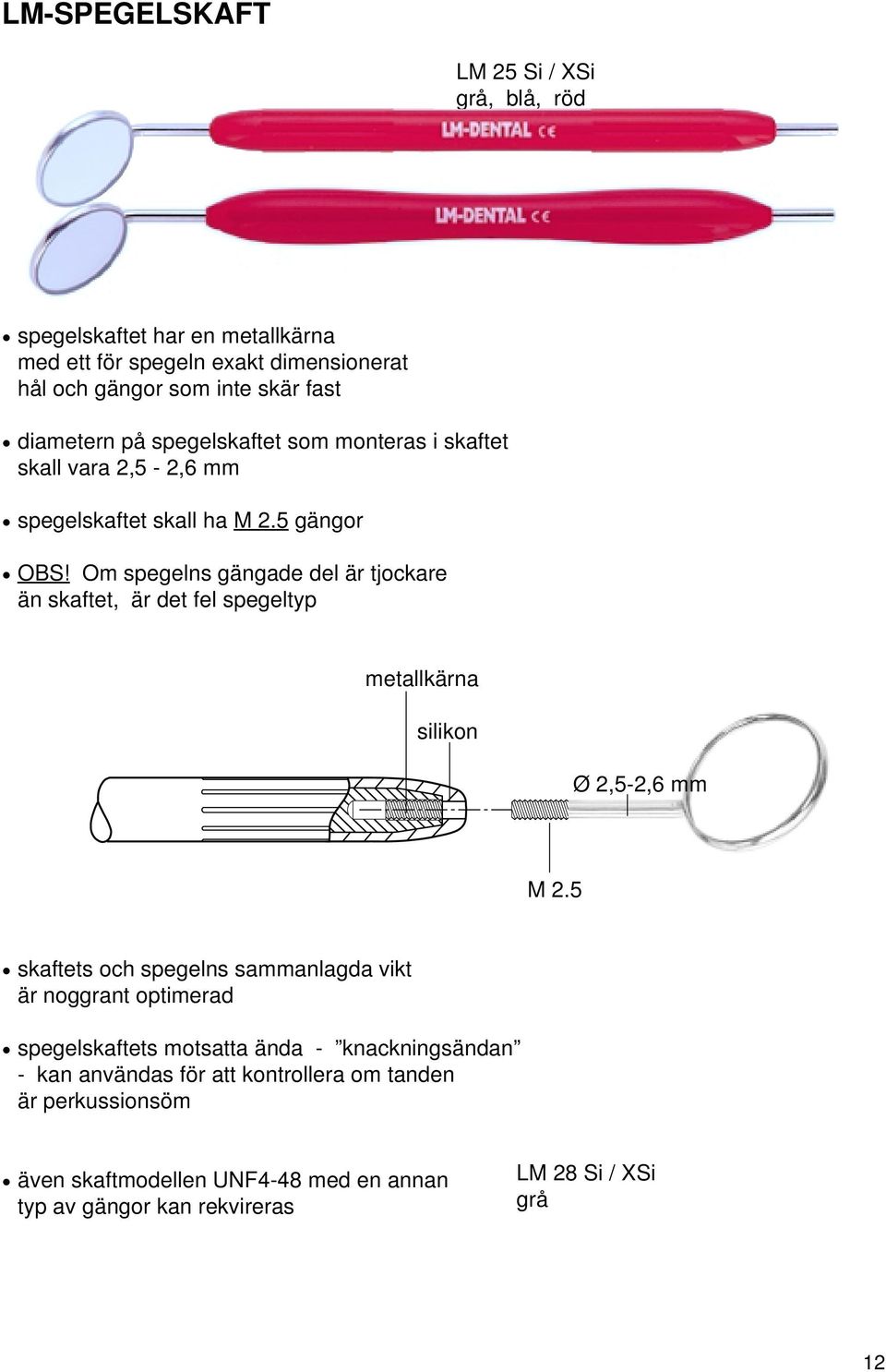 Om spegelns gängade del är tjockare än skaftet, är det fel spegeltyp metallkärna silikon Ø 2,5-2,6 mm M 2.