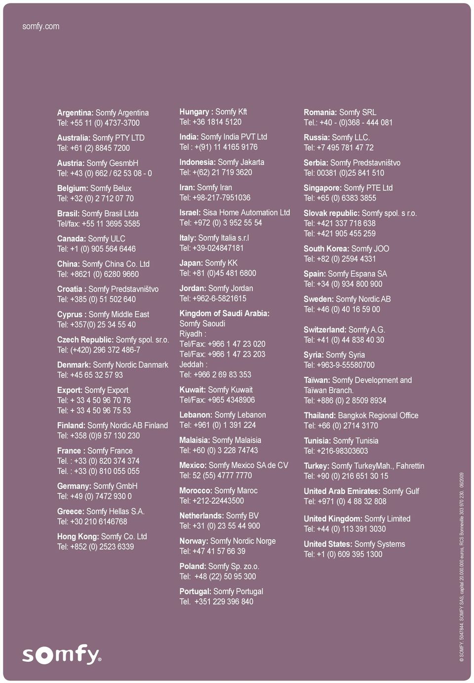 Tel: +7 495 781 47 72 Austria: Somfy GesmbH Tel: +43 (0) 662 / 62 53 08-0 Indonesia: Somfy Jakarta Tel: +(62) 21 719 3620 Serbia: Somfy Predstavništvo Tel: 00381 (0)25 841 510 Belgium: Somfy Belux