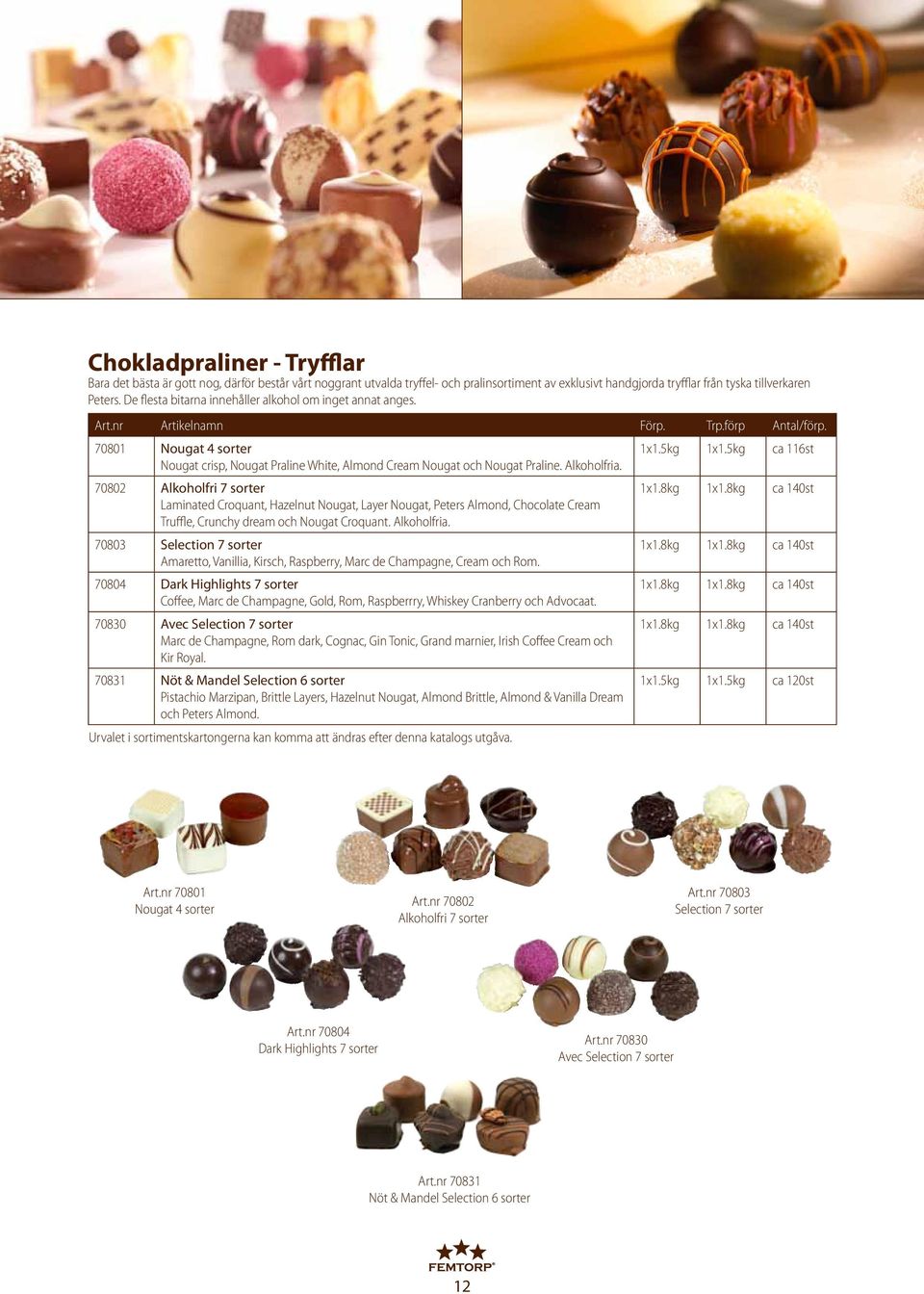 Alkoholfria. 70802 Alkoholfri 7 sorter 1x1.8kg 1x1.8kg ca 140st Laminated Croquant, Hazelnut Nougat, Layer Nougat, Peters Almond, Chocolate Cream Truffle, Crunchy dream och Nougat Croquant.