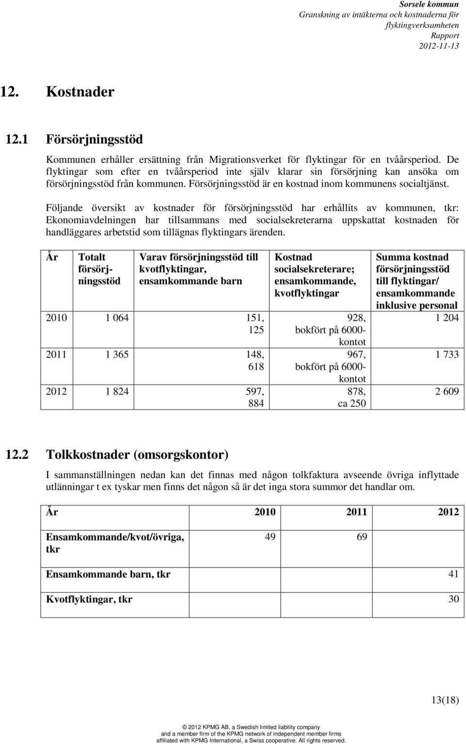 Följande översikt av kostnader för försörjningsstöd har erhållits av kommunen, tkr: Ekonomiavdelningen har tillsammans med socialsekreterarna uppskattat kostnaden för handläggares arbetstid som