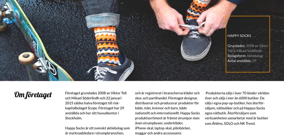Happy Socks är ett svenskt aktiebolag som är marknadsledare i strumpbranschen, och är registrerat i branscherna kläder och skor, och partihandel.