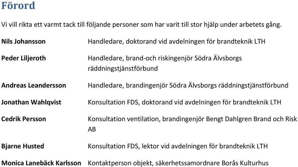 brand-och riskingenjör Södra Älvsborgs räddningstjänstförbund Handledare, brandingenjör Södra Älvsborgs räddningstjänstförbund Konsultation FDS, doktorand vid avdelningen