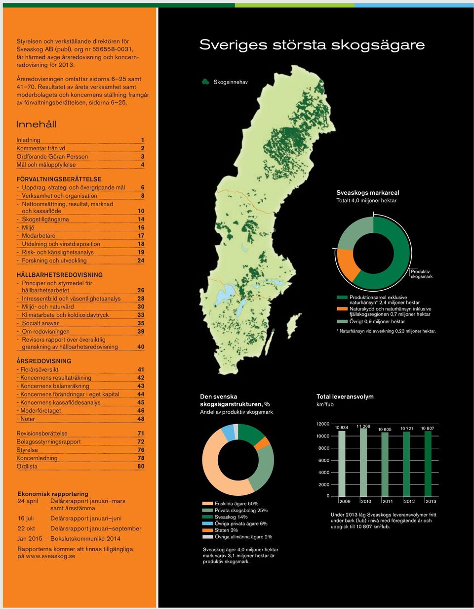 Sveriges största skogsägare Skogsinnehav Innehåll Inledning 1 Kommentar från vd 2 Ordförande Göran Persson 3 Mål och måluppfyllelse 4 FÖRVALTNINGSBERÄTTELSE - Uppdrag, strategi och övergripande mål 6