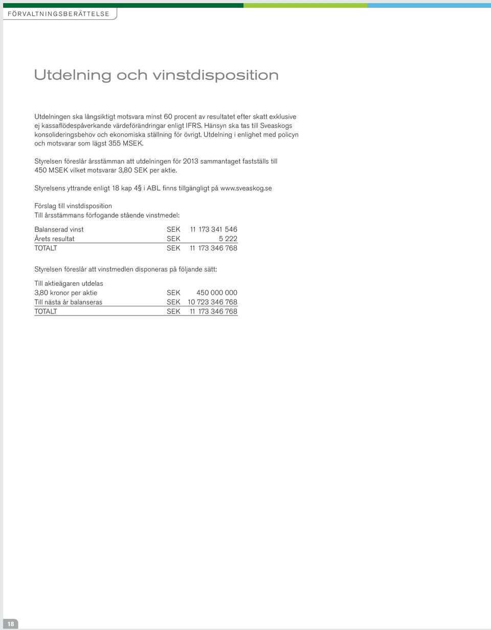 Styrelsen föreslår årsstämman att utdelningen för 2013 sammantaget fastställs till 450 MSEK vilket motsvarar 3,80 SEK per aktie. Styrelsens yttrande enligt 18 kap 4 i ABL finns tillgängligt på www.