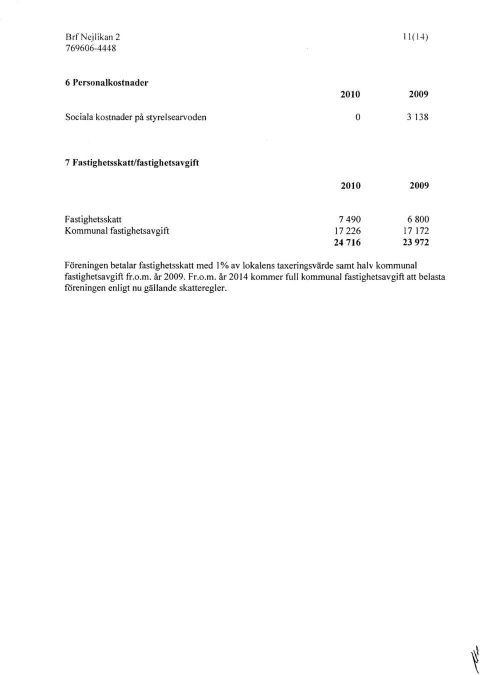 17 172 23972 Föreningen betalar fastighetsskatt med 1% av lokalens taxeringsvärde samt halv kommunal