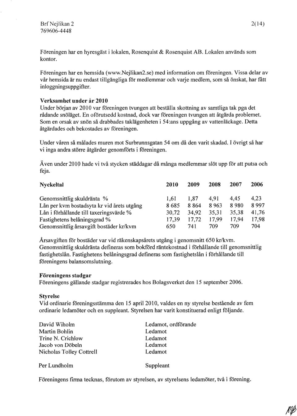 Verksamhet under år 2010 Under början av 2010 var föreningen tvungen att beställa skottning av samtliga tak pga det rådande snö läget.