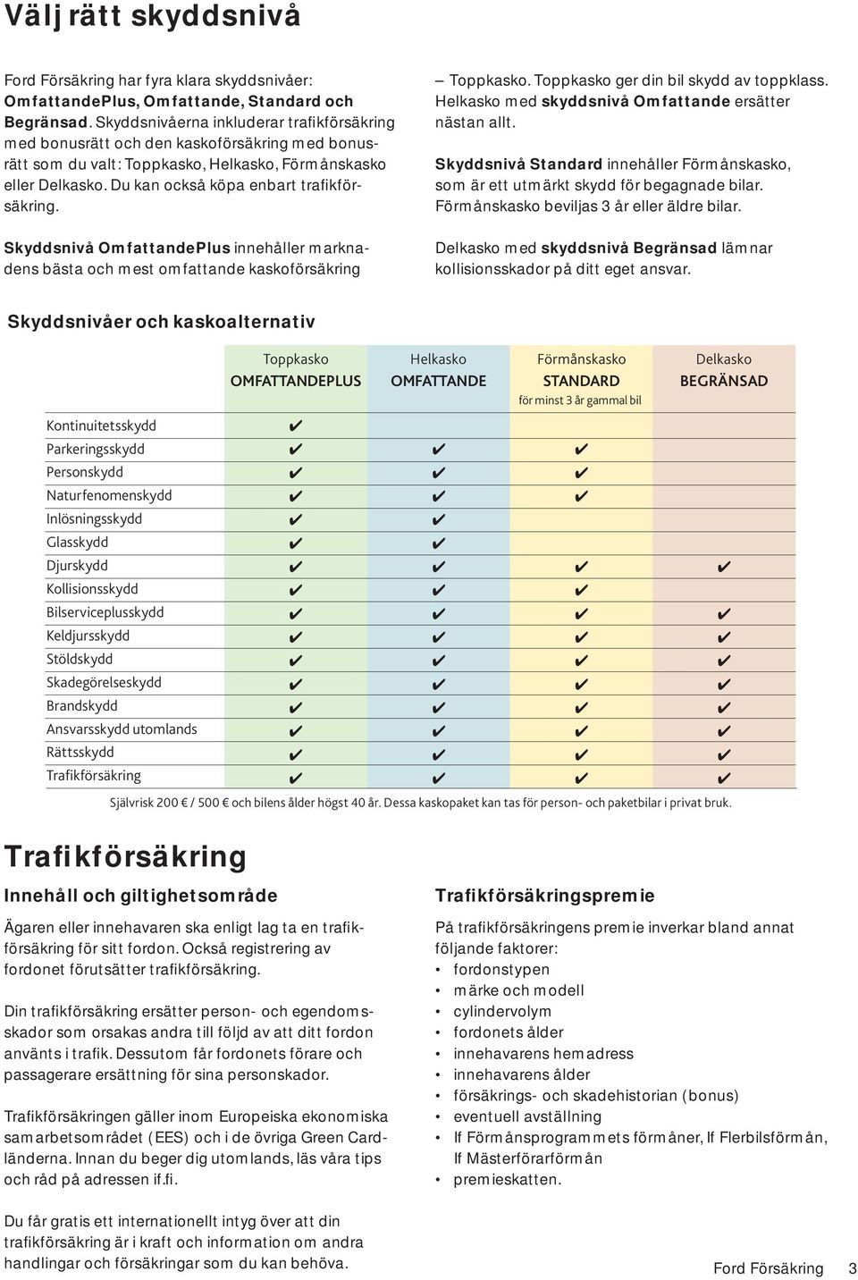 Skyddsnivå OmfattandePlus innehåller marknadens bästa och mest omfattande kaskoförsäkring Toppkasko. Toppkasko ger din bil skydd av toppklass. Helkasko med skyddsnivå Omfattande ersätter nästan allt.