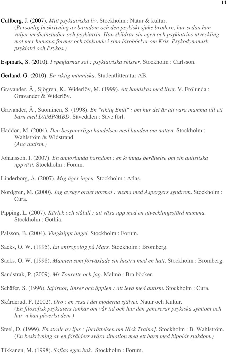 I speglarnas sal : psykiatriska skisser. Stockholm : Carlsson. Gerland, G. (2010). En riktig människa. Studentlitteratur AB. Gravander, Å., Sjögren, K., Widerlöv, M. (1999). Att handskas med livet. V.