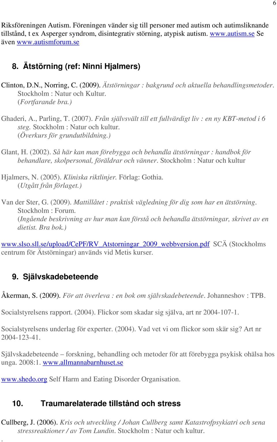 ) Ghaderi, A., Parling, T. (2007). Från självsvält till ett fullvärdigt liv : en ny KBT-metod i 6 steg. Stockholm : Natur och kultur. (Överkurs för grundutbildning.) Glant, H. (2002).