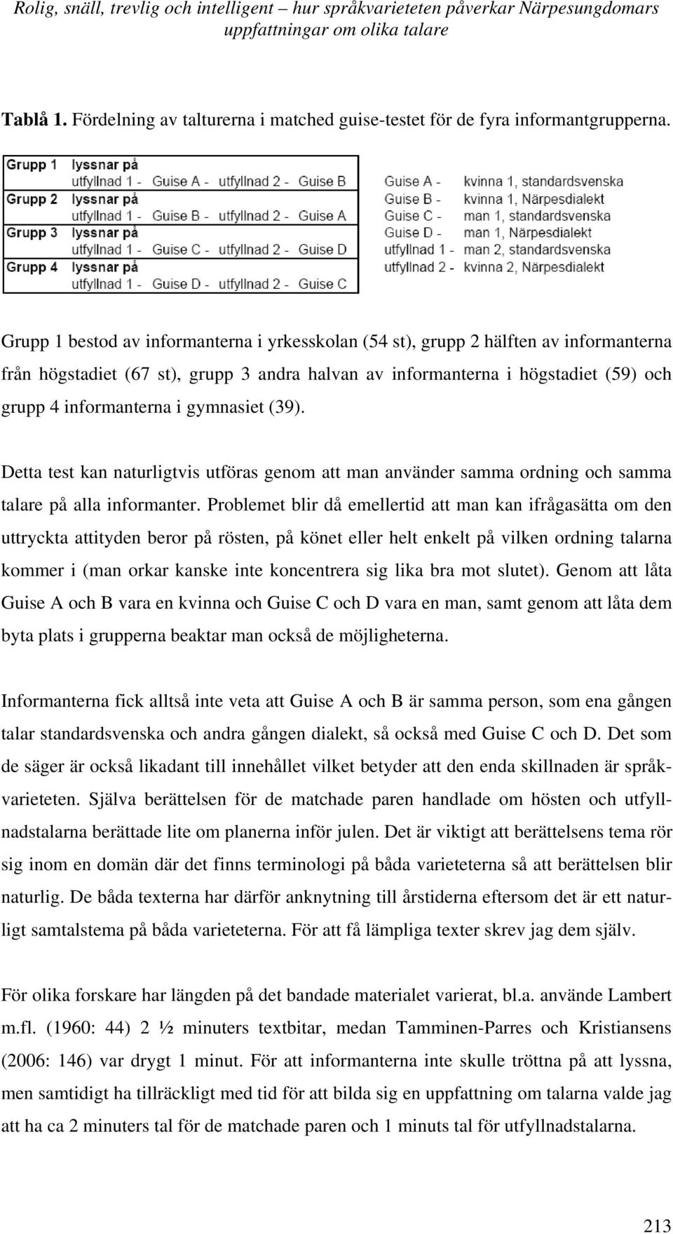 Grupp 1 bestod av informanterna i yrkesskolan (54 st), grupp 2 hälften av informanterna från högstadiet (67 st), grupp 3 andra halvan av informanterna i högstadiet (59) och grupp 4 informanterna i