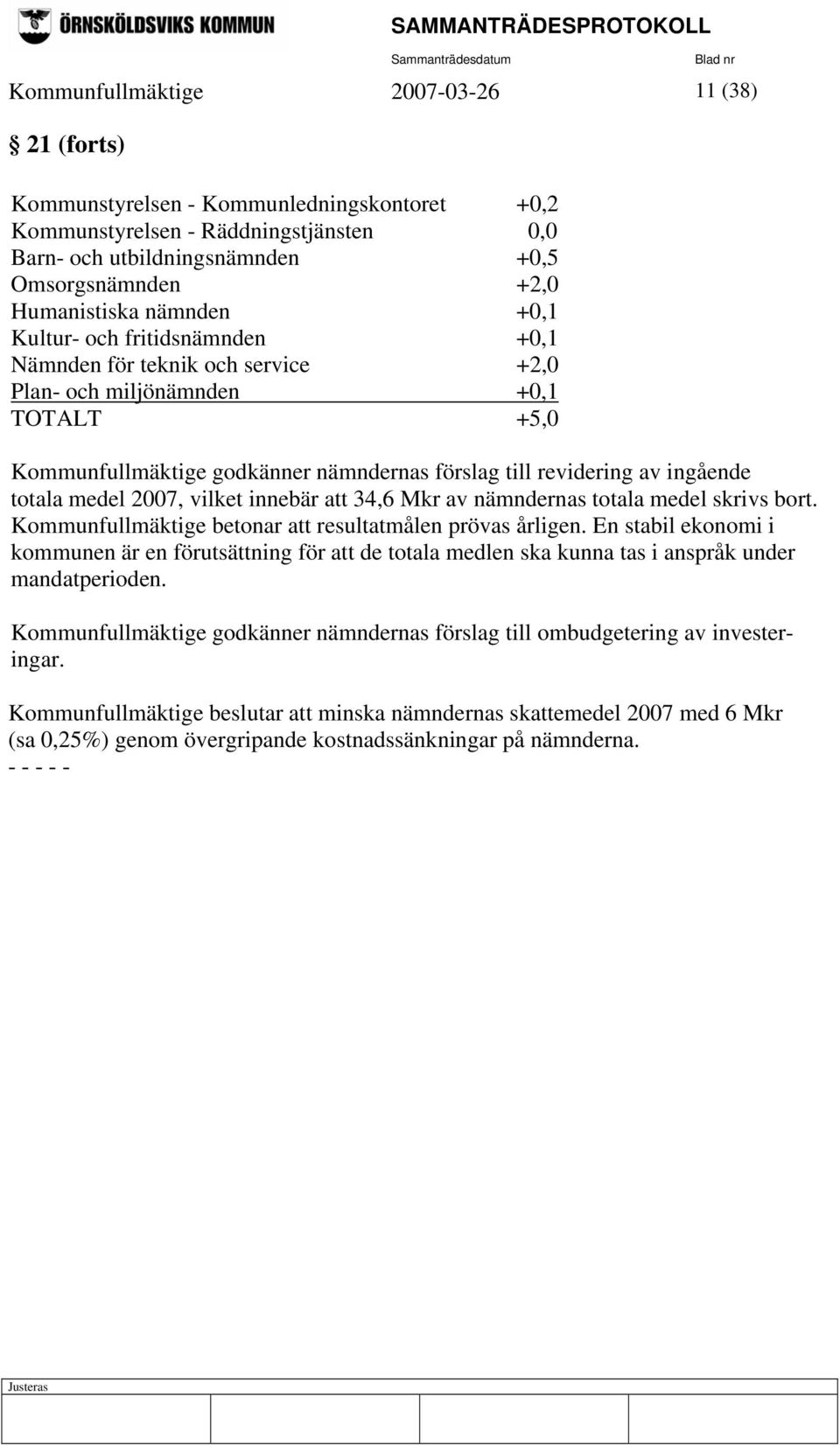 ingående totala medel 2007, vilket innebär att 34,6 Mkr av nämndernas totala medel skrivs bort. Kommunfullmäktige betonar att resultatmålen prövas årligen.