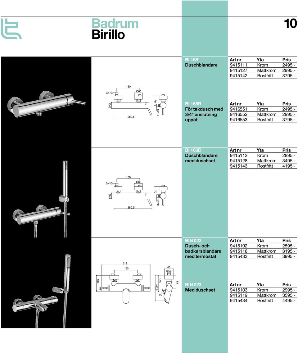 9415112 Krom 2895:- 9415128 Mattkrom 3495:- 9415143 Rostfritt 4195:- 3/4"G 150 Ø60 70 Ø45 280.