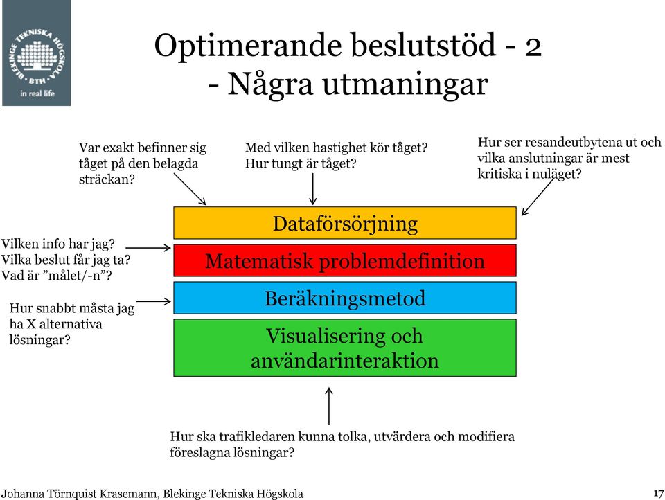 Vilka beslut får jag ta? Vad är målet/-n? Hur snabbt måsta jag ha X alternativa lösningar?