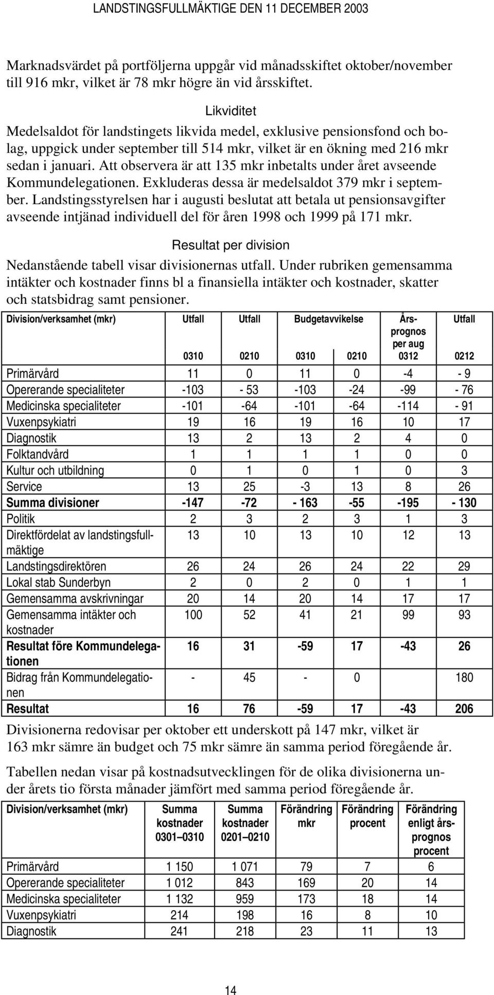 Att observera är att 135 mkr inbetalts under året avseende Kommundelegationen. Exkluderas dessa är medelsaldot 379 mkr i september.